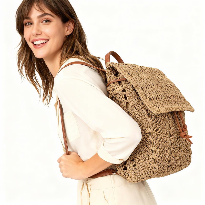 Monique Women Medium Straw Handmade Woven Backpack Flap Drawstring Shoulders Bag Beach Daypack - Image 5